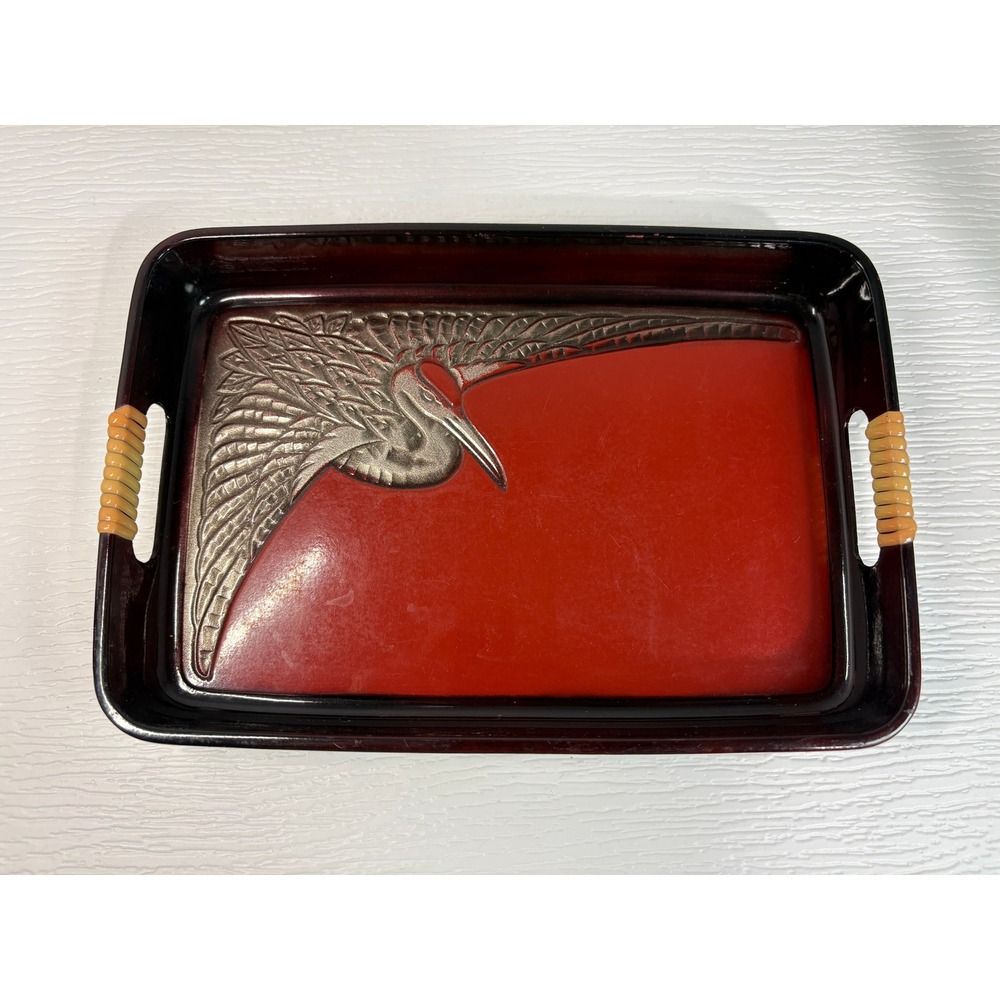 Vintage Asahi Japan Lacquerware Serving Tray Red Embossed Crane 12x8 S0171